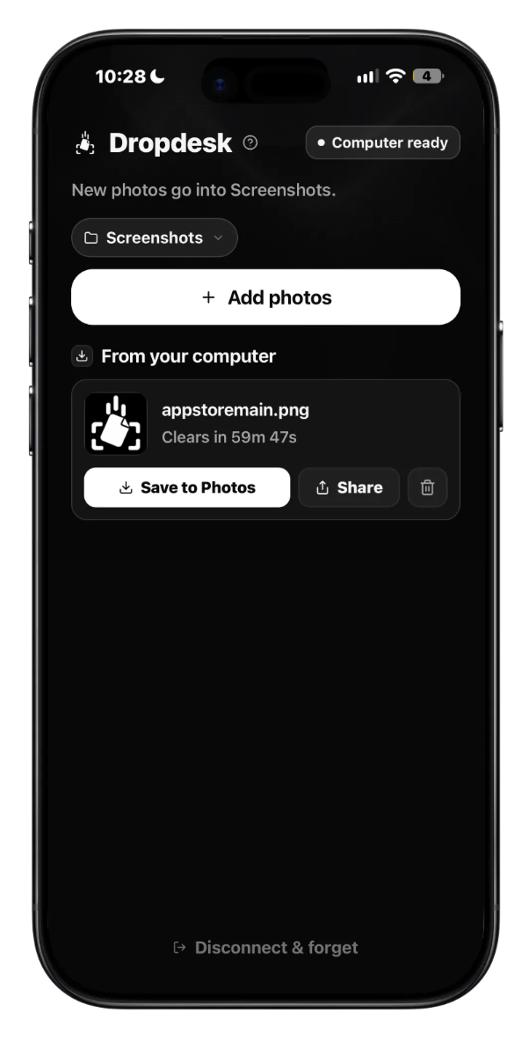 The Dropdesk phone app showing a file received from a computer, with a Save to Photos button